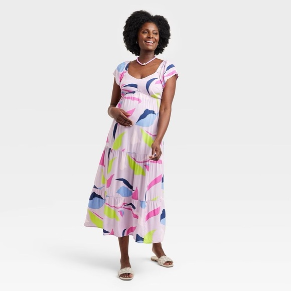 Isabel Maternity Multicolor Printed Tiered Midi Flutter Dress - Picture 1 of 4